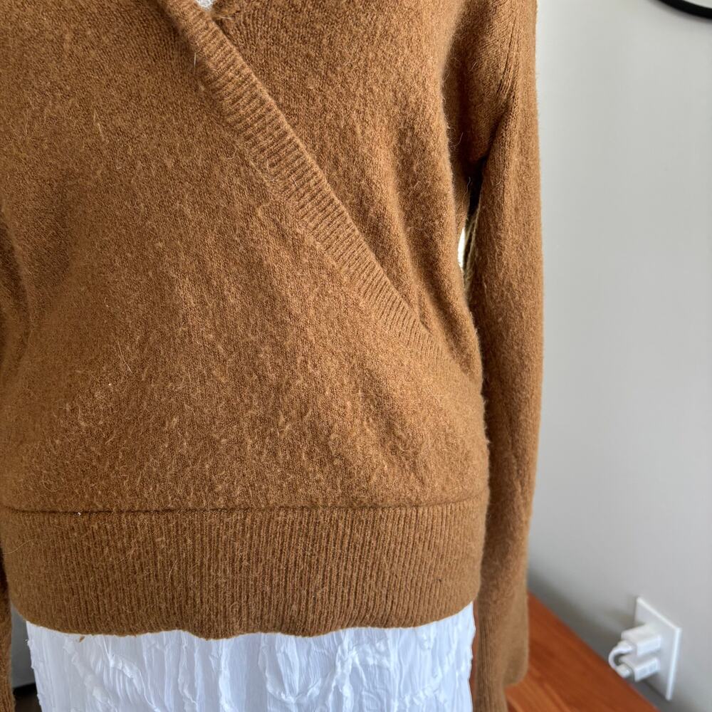 Madewell Wrap Front Sweater Camel Alpaca Wool Blend Coziest Yarn Size Medium - Picture 5 of 15